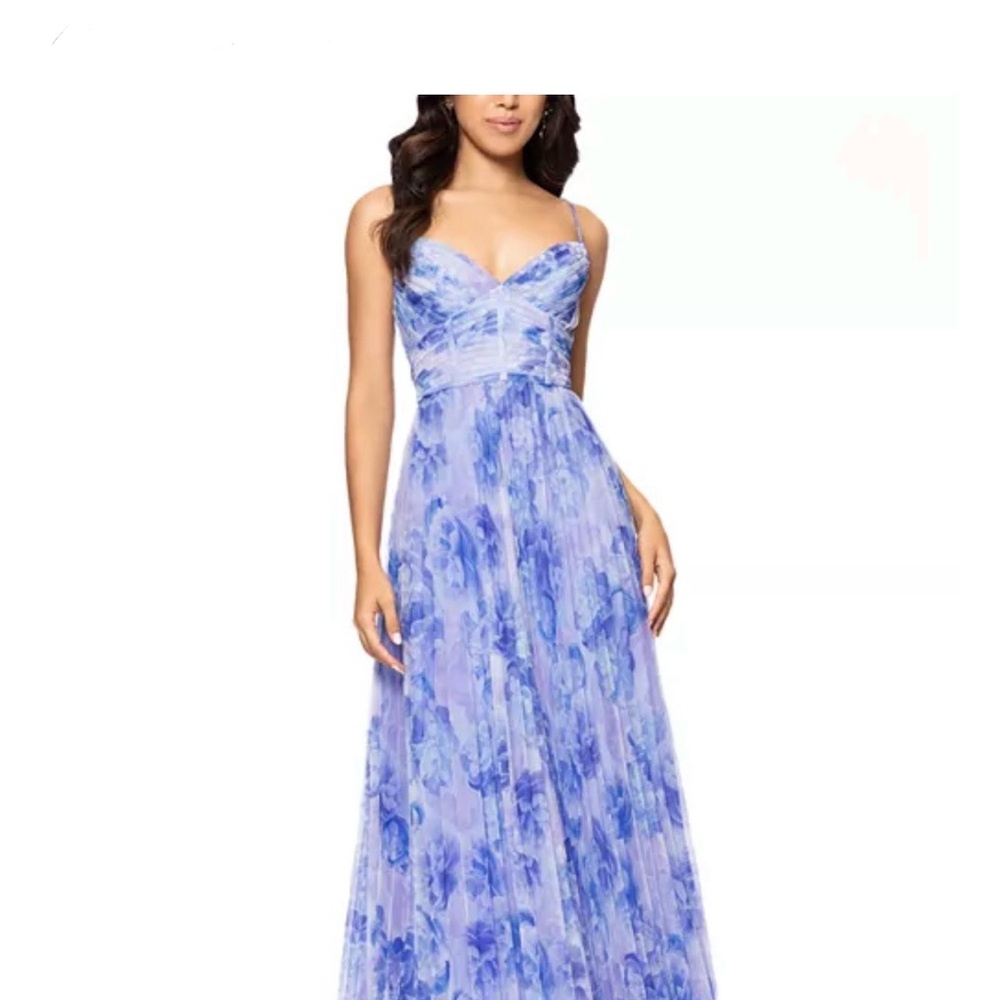 Aqua - Blue Floral Chiffon Spaghetti-Strap Evening Dress - NWT